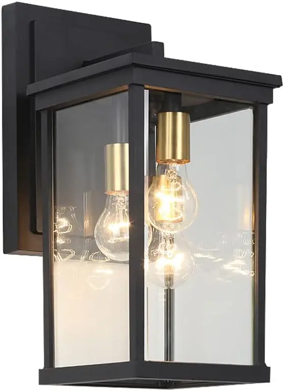 Modern Outdoor Wall Lantern Matte Black Metal frame Clear Glass Panels & Exposed Brass Sockets HS7811-DN-M